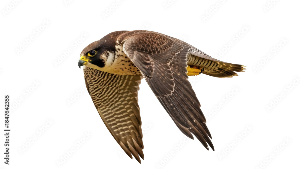 Fototapeta premium Isolated Peregrine falcon in flight profile, a bird of prey with beautiful plumage feathers