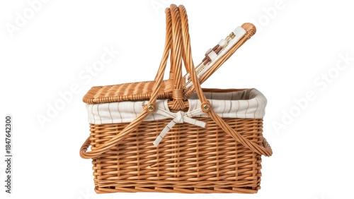 Foto Isolated picnic basket with open lid and striped fabric liner, woven wicker and