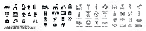 Mars rover operations icons: robotic tools, terrain analysis, ha