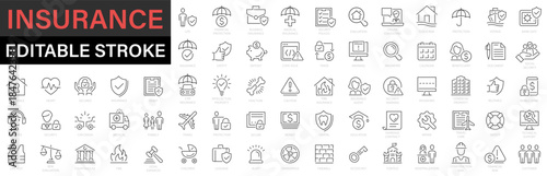 Set of 70 Insurance web icons in line style. Insurance and assurance icon collection. Protection, situations, accident, safety, assurance, health, flood, care, travel, fly, home, flood and more. Edita