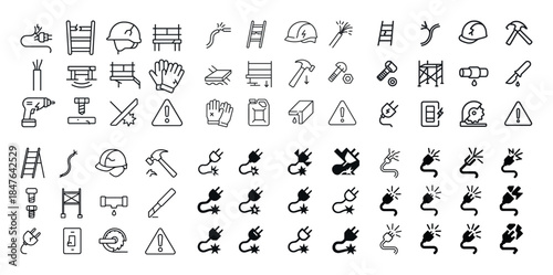 Construction and safety icon set featuring tools, equipment, and