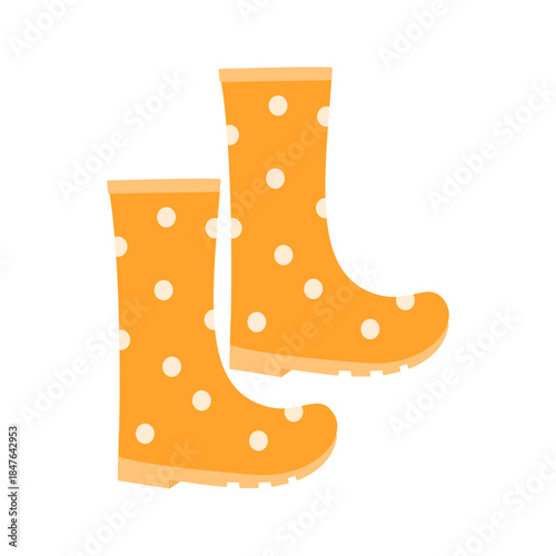 Cute yellow rubber boots vector illustration with polka dot pattern. Flat waterproof rain footwear, bright playful gumboots isolated on white background.