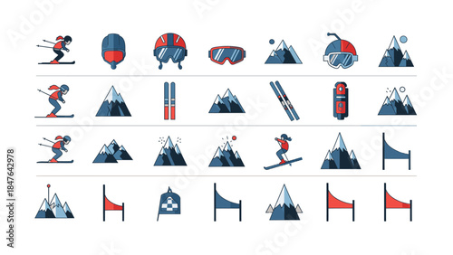 A collection of flat design icons representing various elements of winter sports, including skiers, mountains, helmets, goggles, and ski gates.