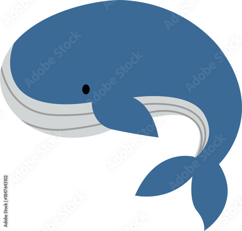 Friendly blue whale cartoon character.  Cute blue whale swimming in sea or ocean. Giant underwater animal.