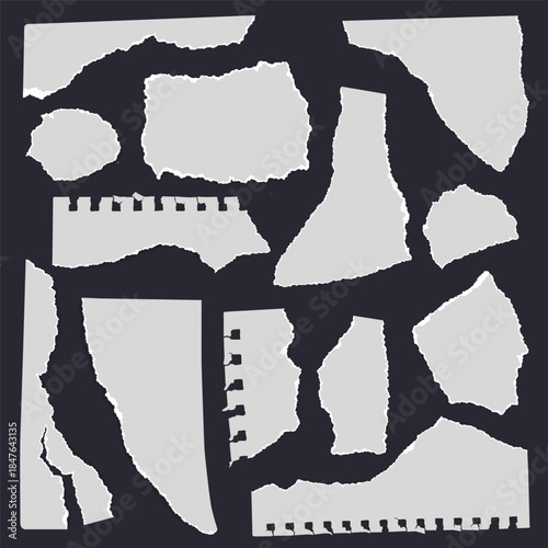 Set of irregular torn paper fragments with rough edges. Abstract ripped paper shapes suitable for collage design, scrapbooking, posters, banners, mockups, and creative layouts.