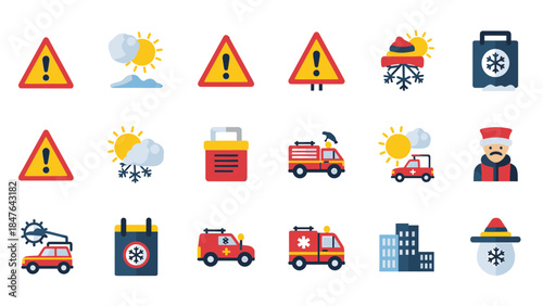 Collection of warning signs, weather icons, emergency vehicles, and buildings, representing safety and alerts.