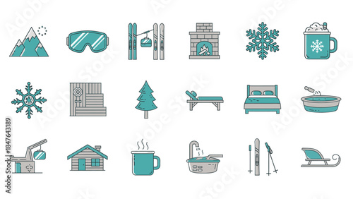 A collection of winter-themed icons representing activities, accommodation, and relaxation in a snowy environment.