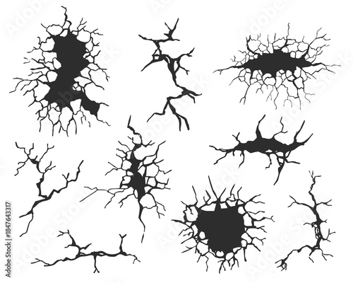 Crack concrete wall texture, floor ground broken effect. Horizontal breaks on land surface. Dry soil. Damaged by earthquake fissure and fracture.