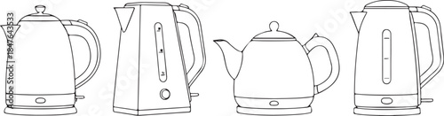Line art drawings of electric kettles and teapots hot water