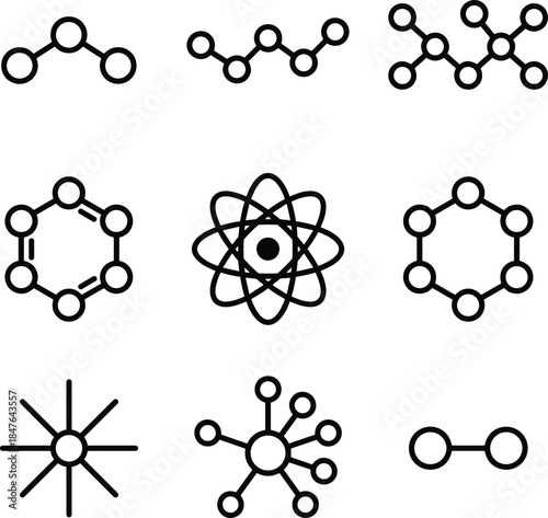 Abstract set of science and chemistry icons featuring molecular structures, atoms, benzene rings, chemical bonds, and laboratory symbols for education and biotech research.