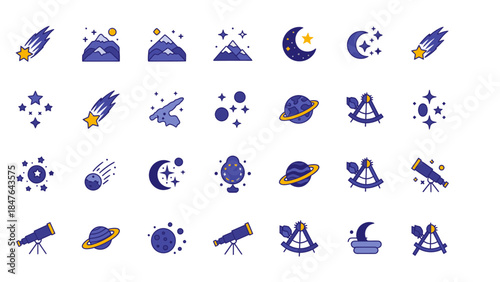 A collection of 30 celestial and astronomical icons, featuring stars, planets, comets, telescopes, and mountains, in a flat, illustrative style.