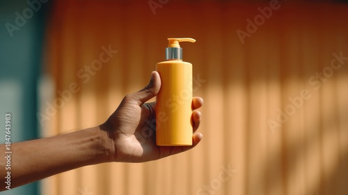 Sun Protection Lifestyle Close-Up of Indian Man’s Hand Holding Sunscreen Bottle
