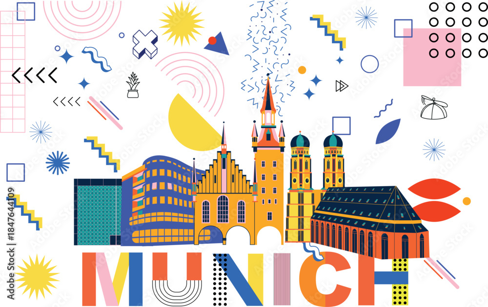 Naklejka premium Typography word “Munich” branding technology concept. Collection of flat vector web icons. Culture travel set, Memphis famous architectures, specialties detailed silhouette. German famous landmark