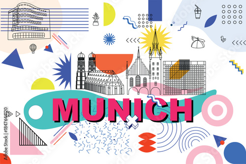 Typography word “Munich” branding technology concept. Collection of flat vector web icons. Culture travel set, Memphis famous architectures, specialties detailed silhouette. German famous landmark