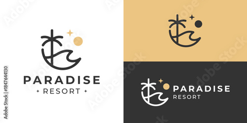Creative simple paradise resort logo template. Tropical island logo design vector illustration.