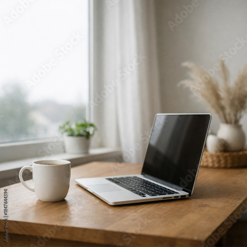 Foto A minimalist home office setup with a laptop, coffee mug, and plant by a window