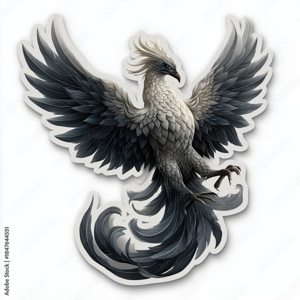 Obraz premium a sticker of an elegant phoenix design, vector art, white background, black and gray color palette, fantasy-inspired artwork, white border on all sides, die-cut sticker with no busy edge