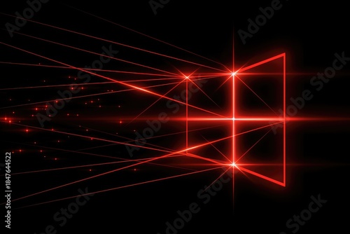 red laser beams from isometric window corner on black background for 3d technology and modern design