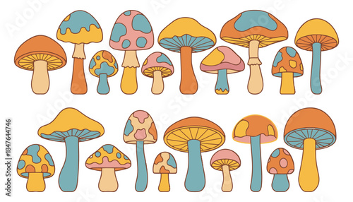 Cute Forest Fungi Vector Set with Colorful Hand Drawn mushroom Illustration