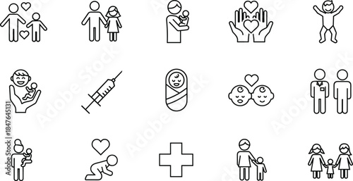 Baby and Infant Face Outline Icons Set, Child Emotions, Happiness, Sadness, and Health Symbols Collection, Newborn Development and Growth Vector