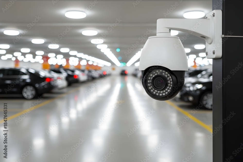 Fototapeta premium A security camera monitors rows of cars parked in a well-lit indoor parking garage with yellow lines.
