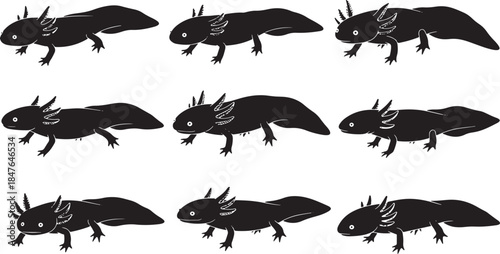 Black Axolotl Silhouettes in a Grid on White Background