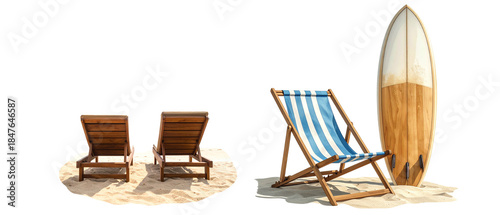 A summer beach set consisting of a sun umbrella, chairs, and a table is placed on a tropical sandy beach by the sea against a white background