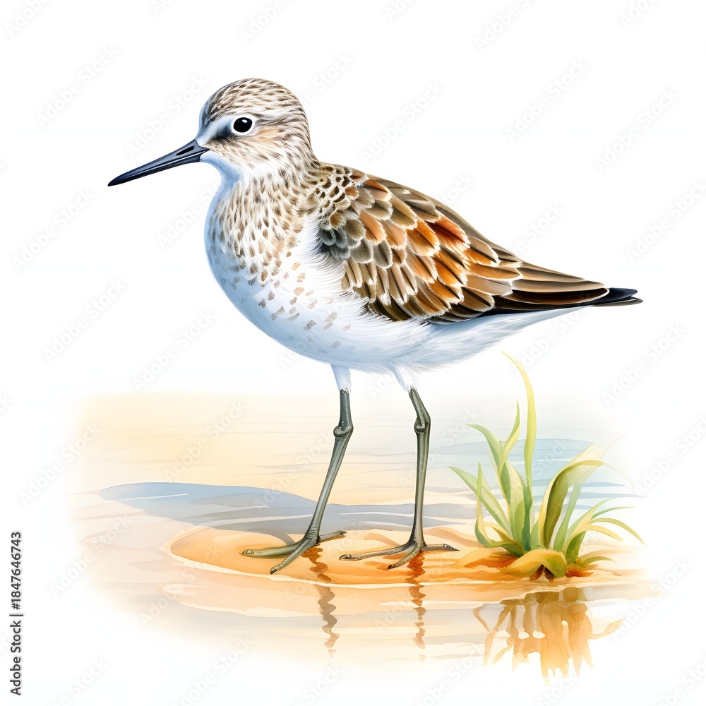Obraz premium Watercolor painting of a sandpiper wading in shallow water on a sunny day