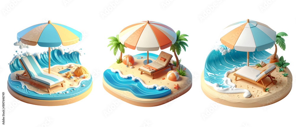 Naklejka premium A miniature tropical island with palm trees, beach chairs, and small umbrellas sits against a white background