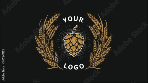 Beer Logo with Hops and Wheat Wreath on Black Background.