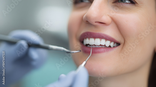 Close up of woman receiving cosmetic dentistry treatment, smiling patient with white teeth during professional dental care, aesthetic dental procedure in clinic