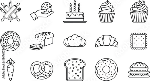 Cake, Cupcake, Donut, Bread, Croissant, Cookie, and Baking Utensil Symbols.