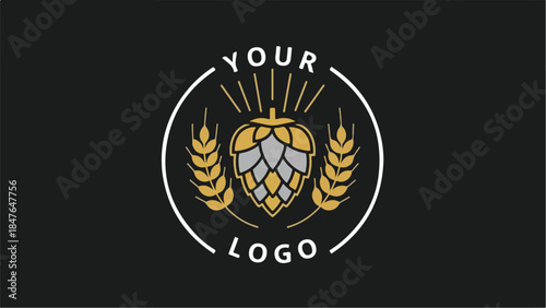 Craft Beer Logo with Hops and Wheat on Black Background.