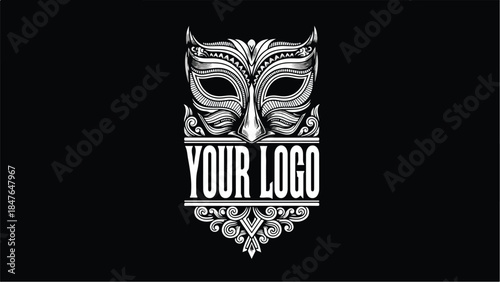 Elegant Masquerade Mask Logo Design on Black Background.