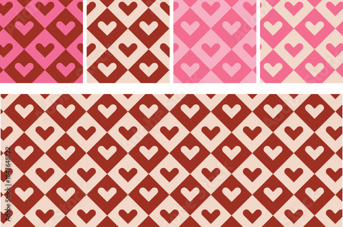 Seamless heart pattern with color variations in pink and red. Romantic geometric background