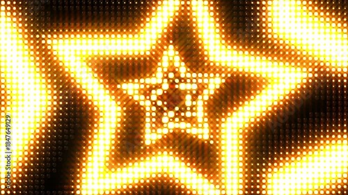 Wall of flashing gold lights. VJ animation. Flying star shaped lights at a disco party. Shining flicker dynamic animation for glamour, fashion event, night club. 4k seamless loop video