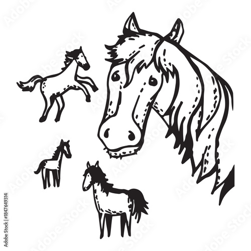 Set of black and white horses in different sizes