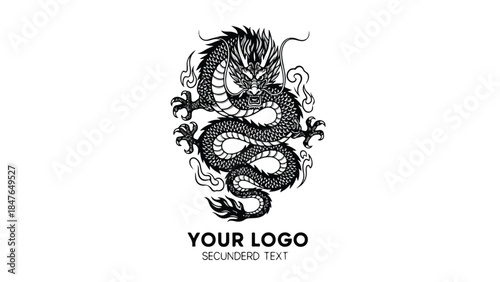 Majestic Black and White Dragon Illustration with Intricate Scales and Dynamic Pose.