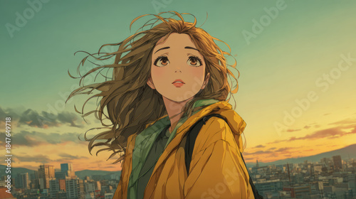 Anime Girl Watching Sunset Over City Skyline