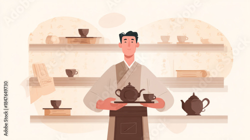 Smiling tea master with traditional pottery in workshop