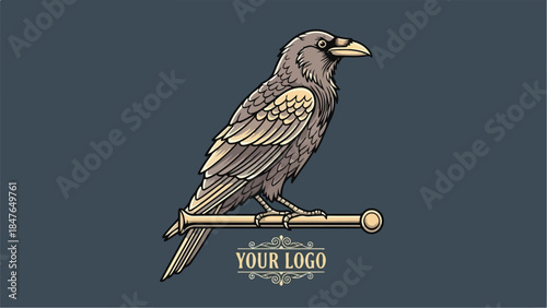 Majestic Raven Perched on a Branch with a Logo Placeholder.