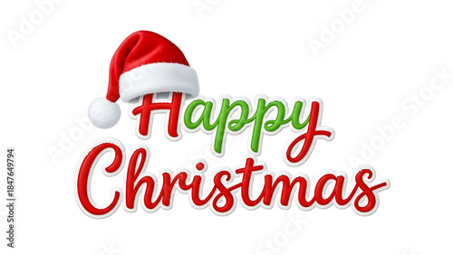 Happy Christmas text logo design with Santa hat for holiday advertising and greeting cards isolated PNG with Transparent Background