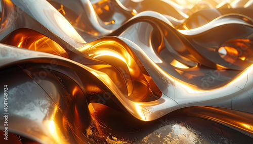 Metallic Swirls: An abstract composition of swirling, molten-like metal, illuminated by a warm, golden light that creates a dynamic play of highlights and shadows.