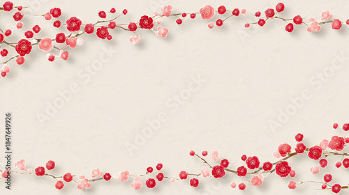 Colorful plum flowers on branches, cream background