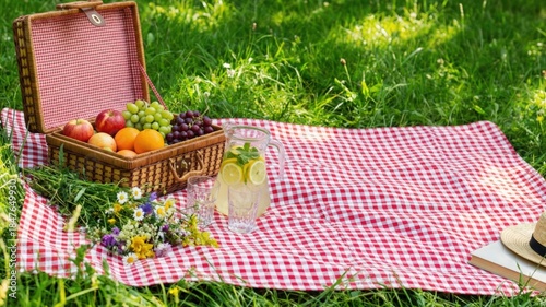 Picnic scene featuring a wicker basket filled with fresh fruits, a pitcher of lemonade, and a checkered blanket laid on lush green grass, creating a vibrant outdoor dining atmosphere