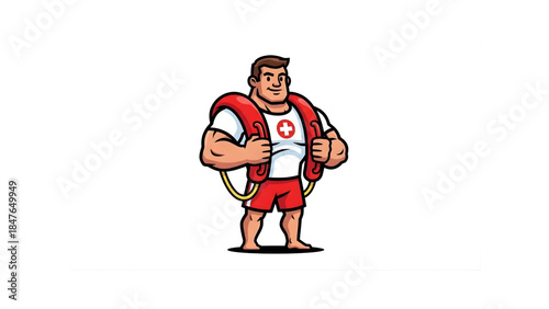 Cartoon lifeguard character with a buoyant life jacket, ready for rescue duty at the beach or pool