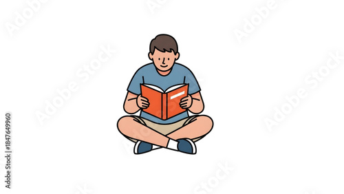 A young boy sits cross-legged on a white background, engrossed in reading an open book, highlighting the joy of literature and learning