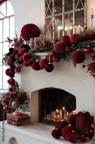 Dark Elegant Christmas Fireplace with Red Ornaments and Candles