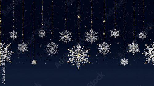 Golden and Silver Snowflakes Hanging on Dark Winter Background