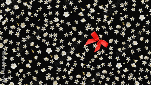 Flat background with white flowers and red bow.